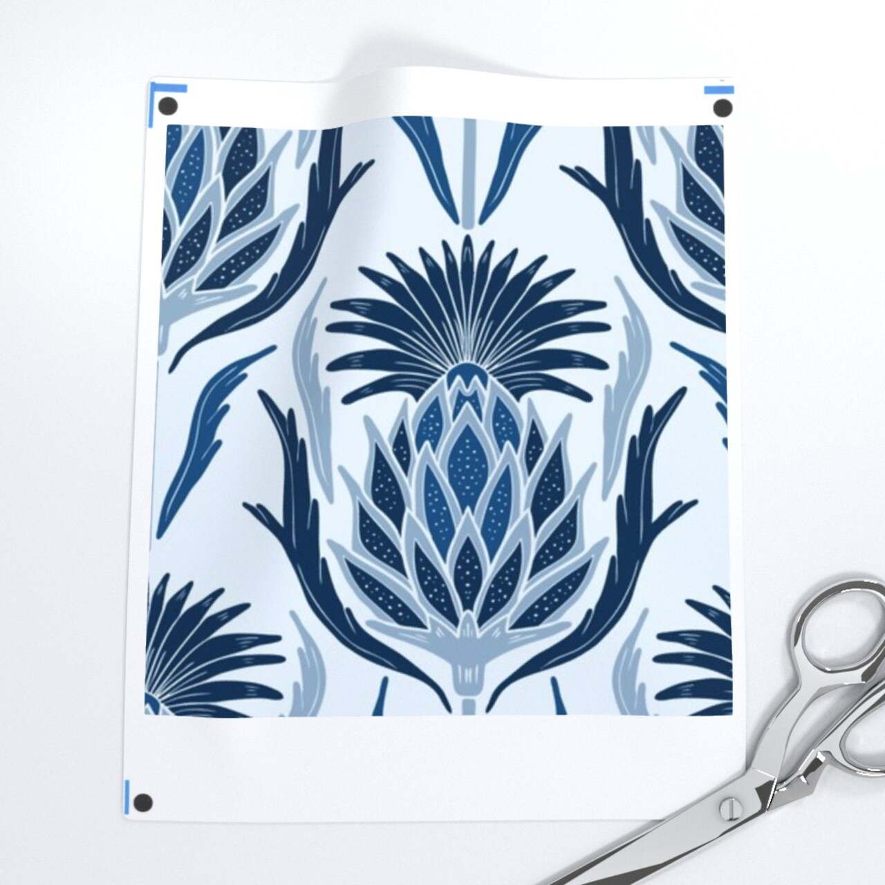 Thistle Damask Blue Plant Art Nouveau Hand Drawn Floral Navy Sky Custom Pre-pasted Wallpaper by Spoonflower Pre-Pasted Wallpaper 2FT Wide